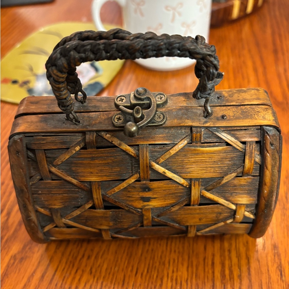 Vintage Woven Bamboo Mini Handbag in Warm Brown